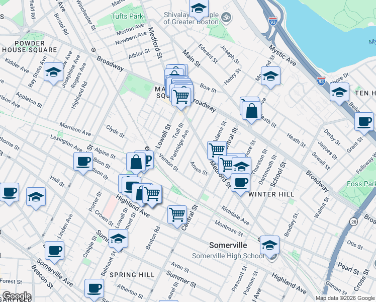 map of restaurants, bars, coffee shops, grocery stores, and more near 28 Bartlett Street in Somerville