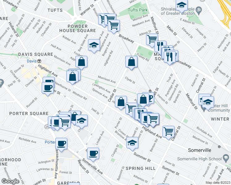 map of restaurants, bars, coffee shops, grocery stores, and more near 159 Albion Street in Somerville