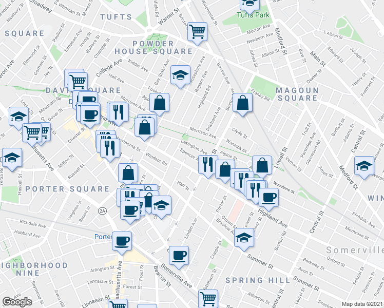 map of restaurants, bars, coffee shops, grocery stores, and more near 307 Highland Avenue in Somerville