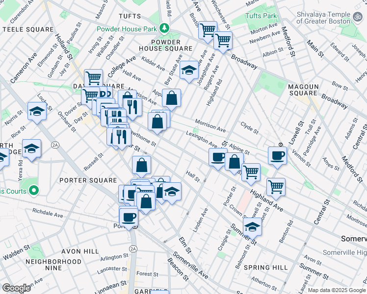 map of restaurants, bars, coffee shops, grocery stores, and more near 322 Highland Avenue in Somerville