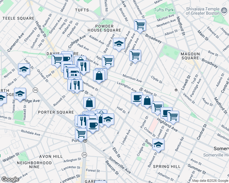 map of restaurants, bars, coffee shops, grocery stores, and more near 322 Highland Avenue in Somerville