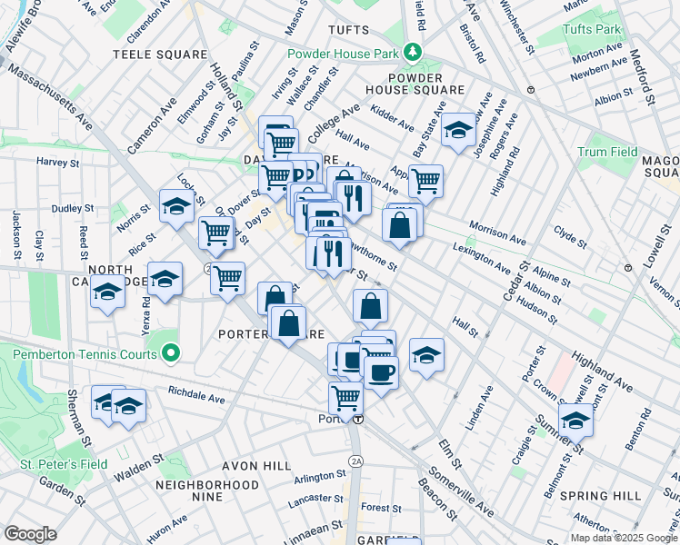 map of restaurants, bars, coffee shops, grocery stores, and more near 16 Elston Street in Somerville