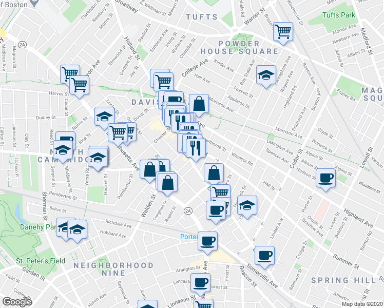 map of restaurants, bars, coffee shops, grocery stores, and more near 19 Tenney Street in Cambridge