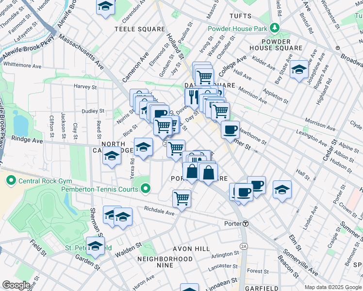 map of restaurants, bars, coffee shops, grocery stores, and more near 2192 Massachusetts Avenue in Cambridge