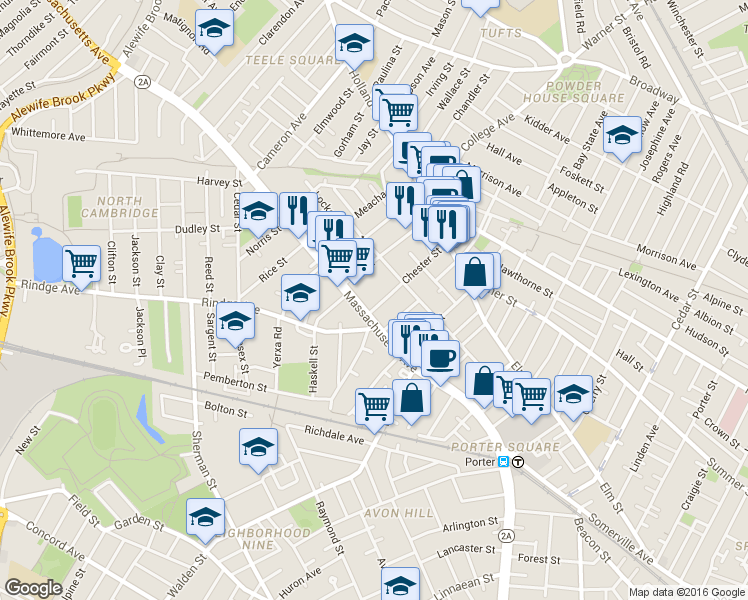 map of restaurants, bars, coffee shops, grocery stores, and more near 2192 Massachusetts Avenue in Cambridge