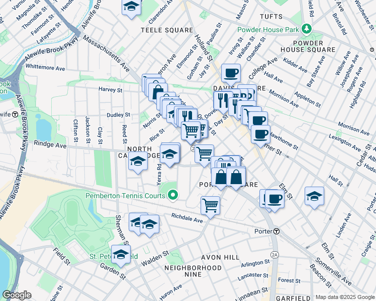 map of restaurants, bars, coffee shops, grocery stores, and more near 22 Haskell Street in Cambridge