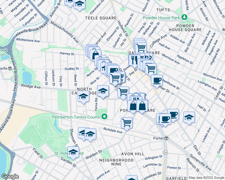 map of restaurants, bars, coffee shops, grocery stores, and more near 22 Haskell Street in Cambridge