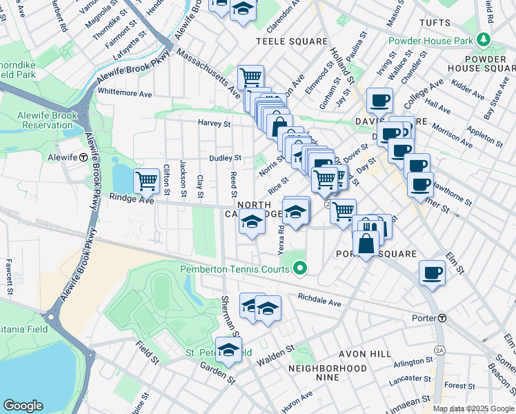 map of restaurants, bars, coffee shops, grocery stores, and more near 142 Rindge Avenue in Cambridge