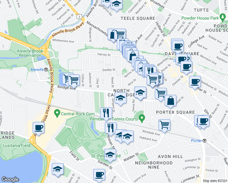 map of restaurants, bars, coffee shops, grocery stores, and more near in Cambridge