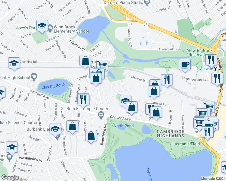 map of restaurants, bars, coffee shops, grocery stores, and more near 84 Griswold Street in Cambridge