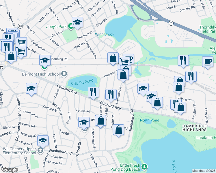 map of restaurants, bars, coffee shops, grocery stores, and more near 47 Baker Street in Belmont