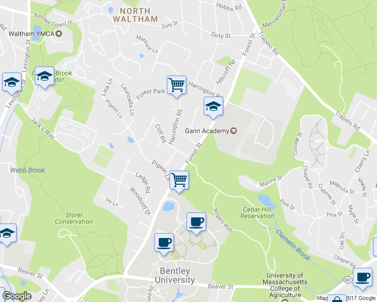 map of restaurants, bars, coffee shops, grocery stores, and more near in Waltham