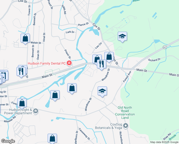 map of restaurants, bars, coffee shops, grocery stores, and more near 25 Woodrow Street in Hudson