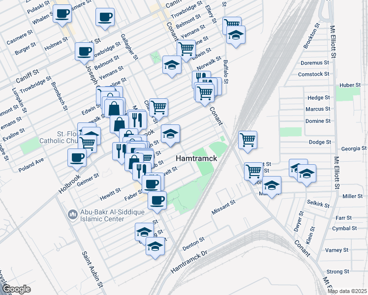 map of restaurants, bars, coffee shops, grocery stores, and more near 136 Gallagher Avenue in Hamtramck
