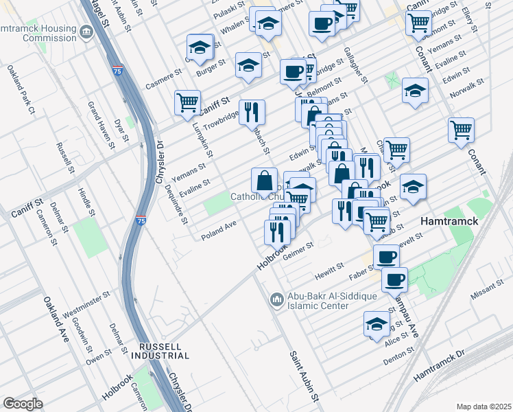 map of restaurants, bars, coffee shops, grocery stores, and more near 2269 Florian Street in Hamtramck