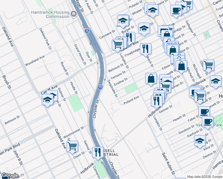 map of restaurants, bars, coffee shops, grocery stores, and more near 9651 Dequindre Street in Hamtramck