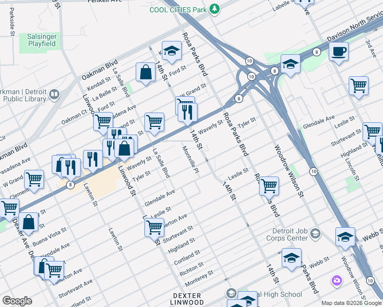 map of restaurants, bars, coffee shops, grocery stores, and more near 2303 Tyler Street in Detroit