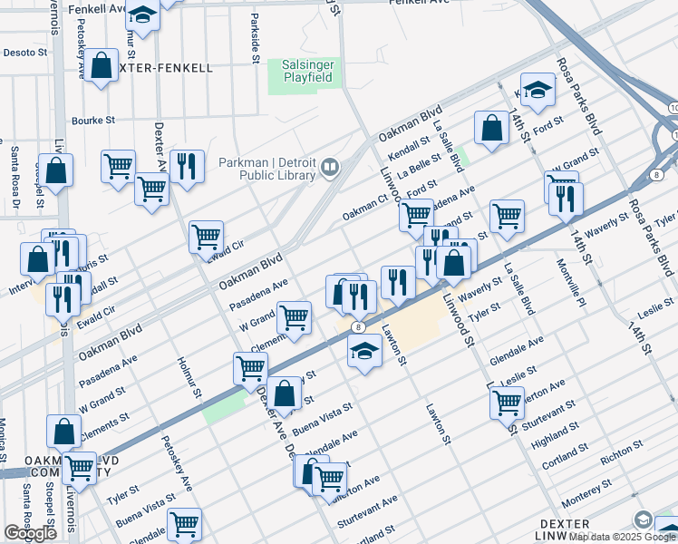 map of restaurants, bars, coffee shops, grocery stores, and more near 2971 Grand Street in Detroit