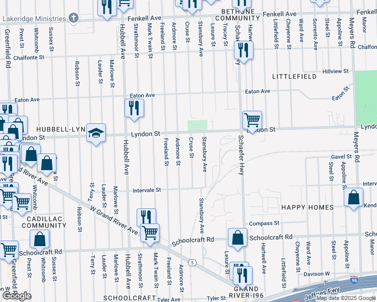 map of restaurants, bars, coffee shops, grocery stores, and more near 14328 Ardmore Street in Detroit