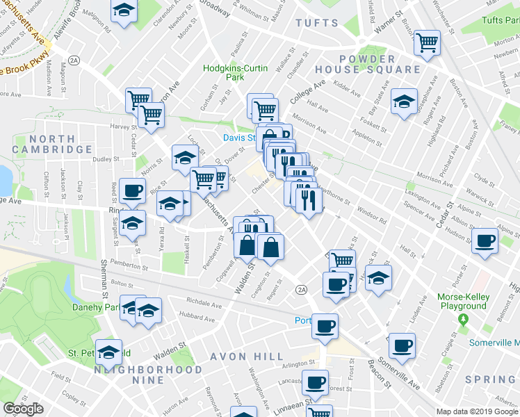 map of restaurants, bars, coffee shops, grocery stores, and more near Orchard Street in Cambridge