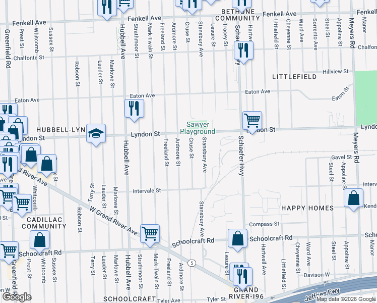 map of restaurants, bars, coffee shops, grocery stores, and more near 14328 Ardmore Street in Detroit