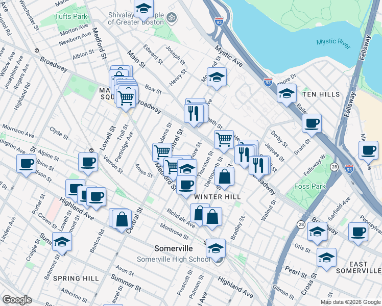 map of restaurants, bars, coffee shops, grocery stores, and more near 148 Sycamore Street in Somerville