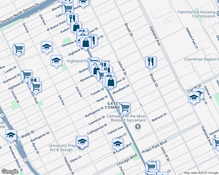 map of restaurants, bars, coffee shops, grocery stores, and more near 11698 Woodward Avenue in Detroit