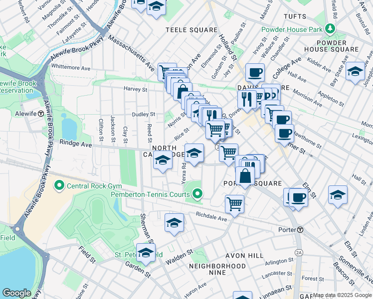 map of restaurants, bars, coffee shops, grocery stores, and more near 25 Hollis Street in Cambridge