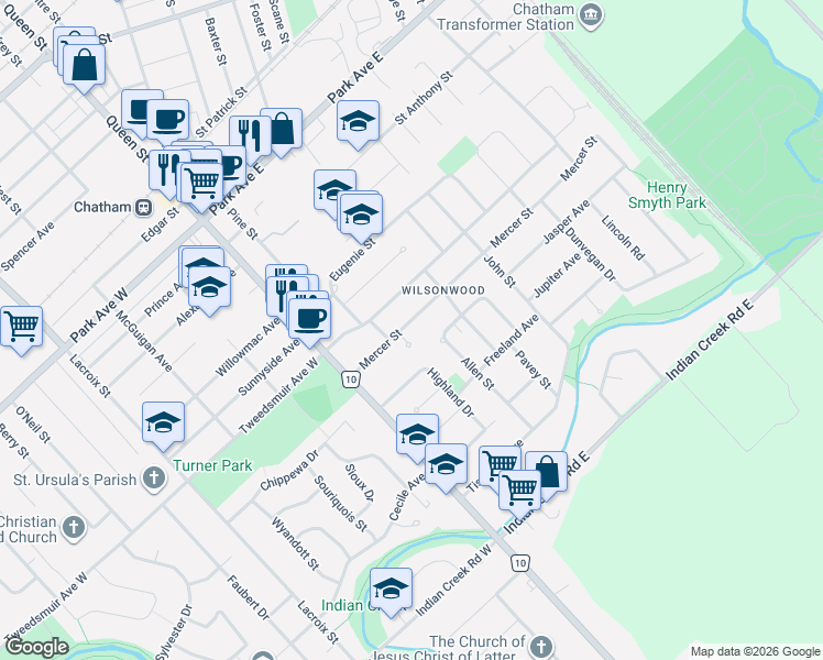 map of restaurants, bars, coffee shops, grocery stores, and more near 80 Allen Street in Chatham