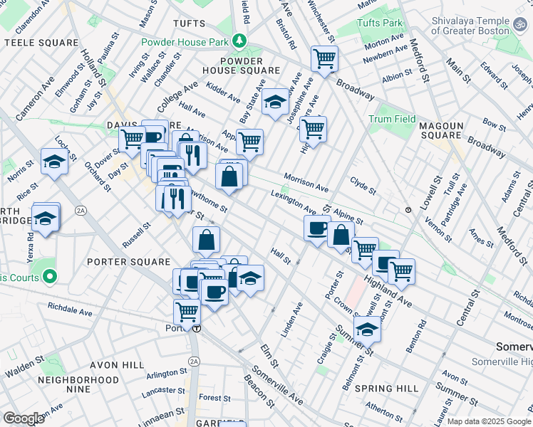 map of restaurants, bars, coffee shops, grocery stores, and more near 322 Highland Avenue in Somerville