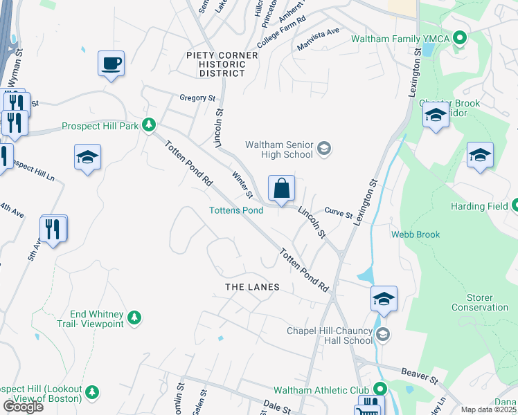 map of restaurants, bars, coffee shops, grocery stores, and more near 2 Winter Street in Waltham