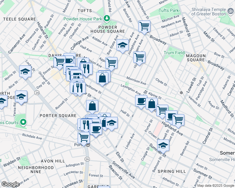 map of restaurants, bars, coffee shops, grocery stores, and more near 322 Highland Avenue in Somerville