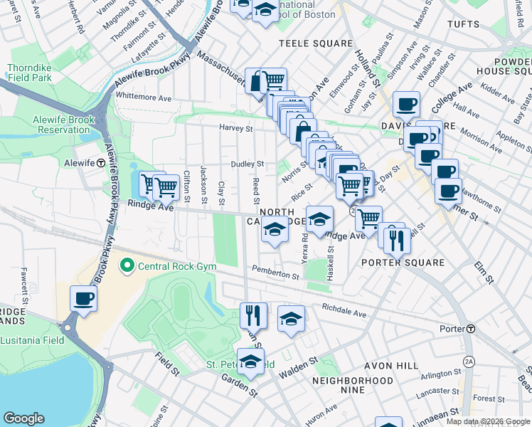 map of restaurants, bars, coffee shops, grocery stores, and more near 173 Rindge Avenue in Cambridge