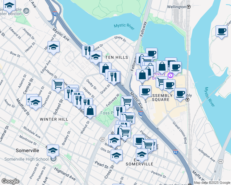 map of restaurants, bars, coffee shops, grocery stores, and more near in Somerville