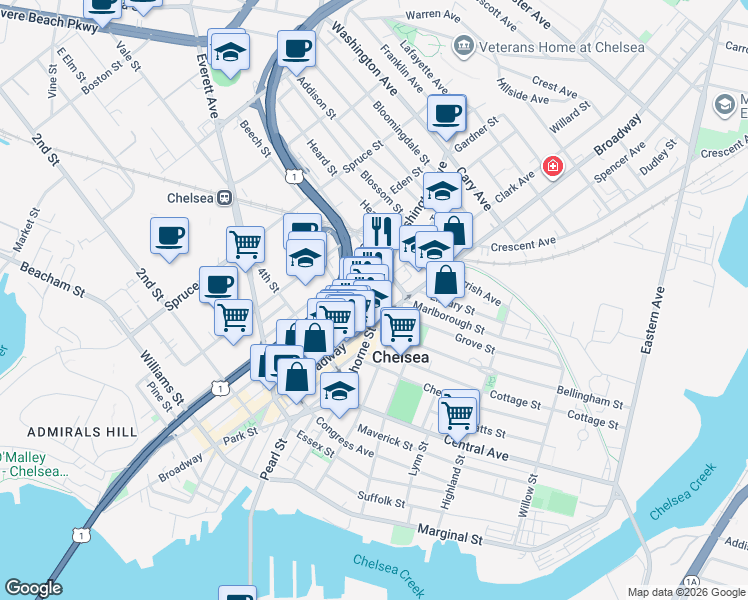 map of restaurants, bars, coffee shops, grocery stores, and more near 4 Washington Avenue in Chelsea