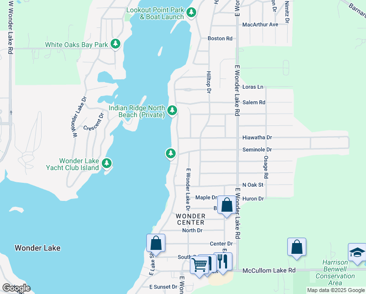 map of restaurants, bars, coffee shops, grocery stores, and more near 4605 East Lake Shore Drive in Wonder Lake