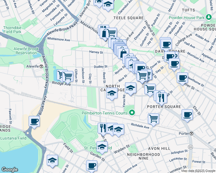 map of restaurants, bars, coffee shops, grocery stores, and more near 173 Rindge Avenue in Cambridge