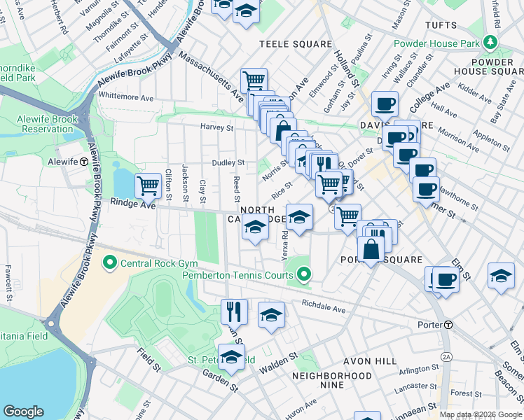 map of restaurants, bars, coffee shops, grocery stores, and more near 96 Rice Street in Cambridge