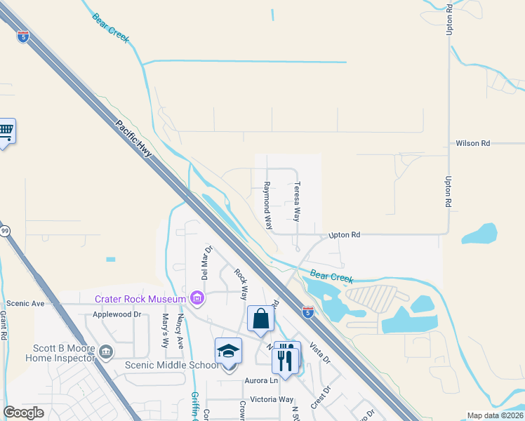 map of restaurants, bars, coffee shops, grocery stores, and more near 5273 Raymond Way in Central Point