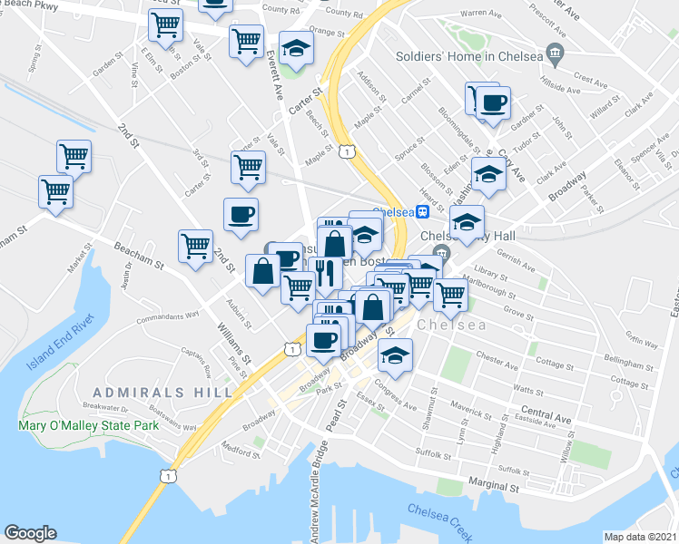 map of restaurants, bars, coffee shops, grocery stores, and more near 116 Ash Street in Chelsea
