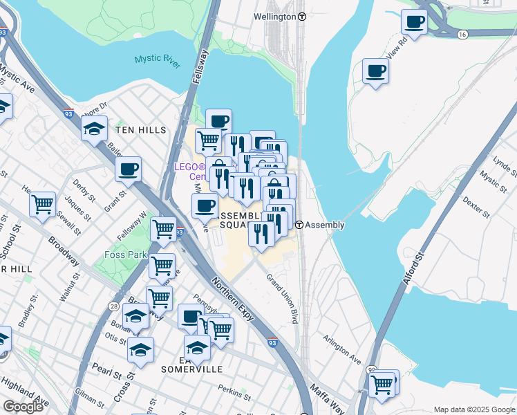 map of restaurants, bars, coffee shops, grocery stores, and more near in Somerville