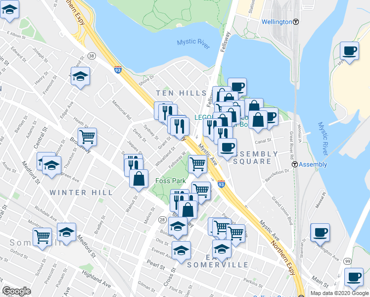 map of restaurants, bars, coffee shops, grocery stores, and more near 100 Fellsway West in Somerville