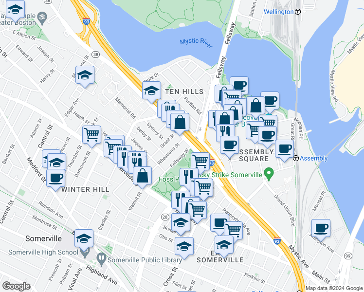 map of restaurants, bars, coffee shops, grocery stores, and more near in Middlesex County