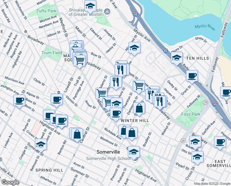 map of restaurants, bars, coffee shops, grocery stores, and more near 138 Sycamore Street in Somerville