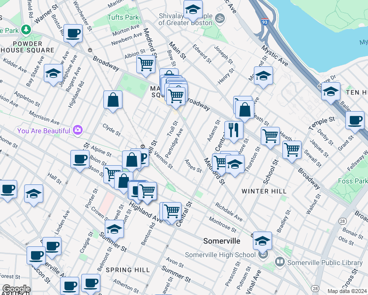 map of restaurants, bars, coffee shops, grocery stores, and more near 28 Bartlett Street in Somerville