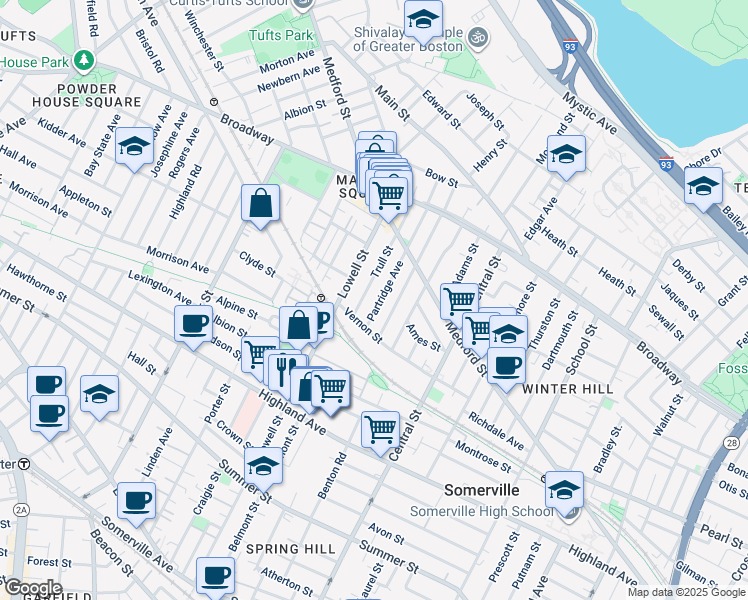map of restaurants, bars, coffee shops, grocery stores, and more near in Somerville
