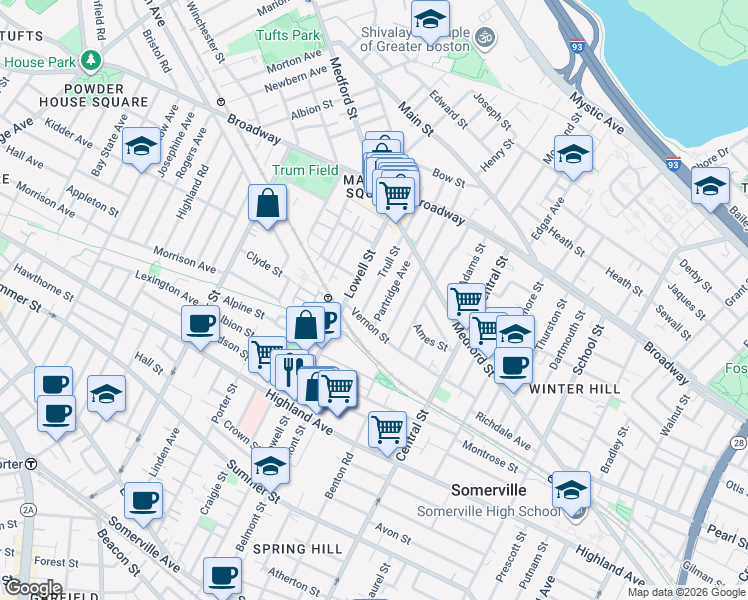 map of restaurants, bars, coffee shops, grocery stores, and more near in Somerville
