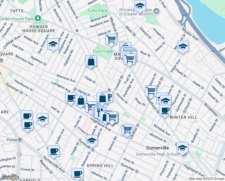 map of restaurants, bars, coffee shops, grocery stores, and more near 106 Vernon Street in Somerville