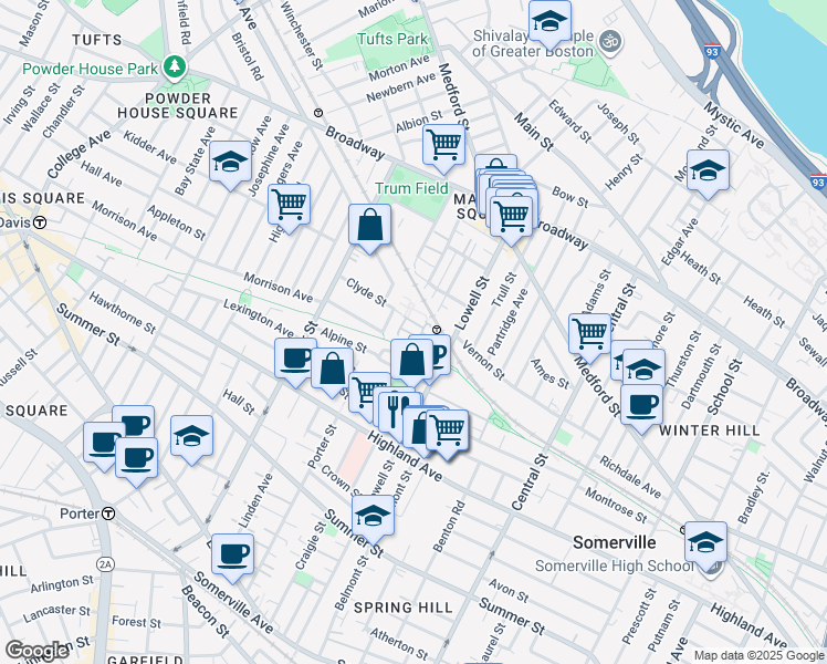 map of restaurants, bars, coffee shops, grocery stores, and more near 24 Princeton Street in Somerville