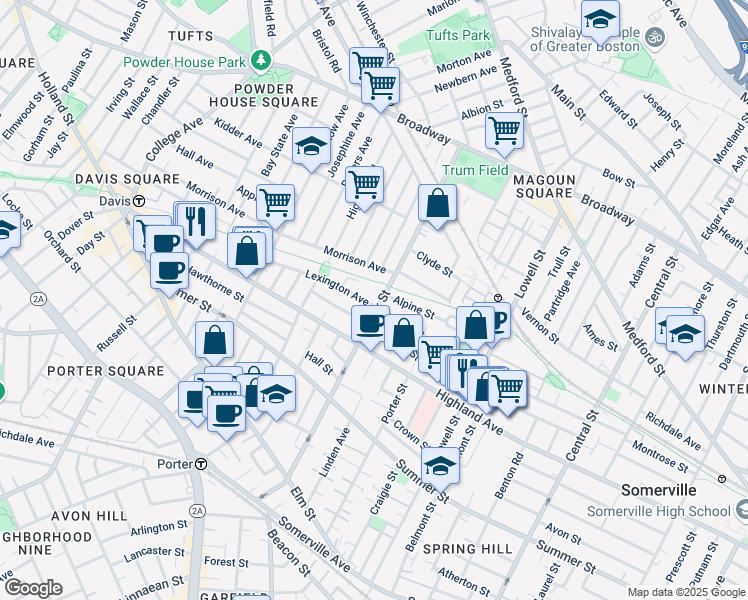 map of restaurants, bars, coffee shops, grocery stores, and more near 124 Cedar Street in Somerville